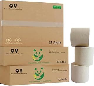 Premium Bamboo Toilet Paper 12 Mega Rolls, 3 ply, Septic Safe,Plastic-Free,Unbleached Brown,Tree-Free,Soft and Absorbent,Bathroom Tissue Rolls