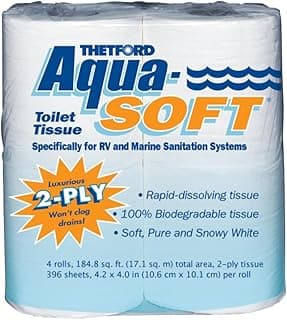 Thetford Aqua-Soft Toilet Tissue - Toilet Paper for RV and marine - 2-ply - Thetford 03300 (Pack of 4 rolls) , White