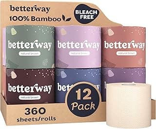 Betterway Unbleached Bamboo Toilet Paper Rolls - Eco-Friendly 3 Ply Toilet Tissue - 12 Long-Lasting Rolls - 360 Sheets/Roll - Organic, FSC Certified, Septic Safe TP - Lint-Free, PFAS-Free Bath Tissue