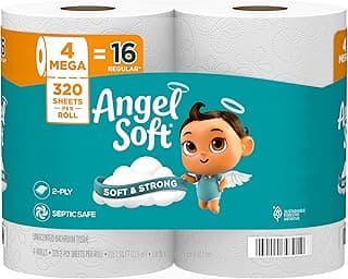 Angel Soft Toilet Paper, 4 Mega Rolls = 16 Regular Rolls, Soft and Strong Toilet Tissue
