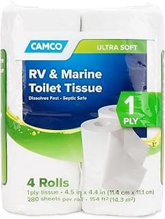 Camco Marine & RV Toilet Paper - 4-Rolls - 1-Ply Quick Dissolve RV & Marine Septic Safe Bath Tissue - Dye & Fragrance Free - 280 Sheets Per Roll (40275)