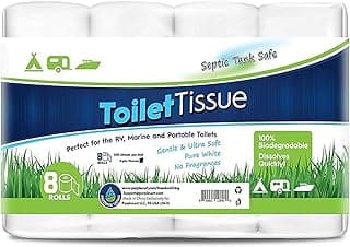 Septic Tank Safe Toilet Tissue for Campers and RVs Biodegradable Marine Toilet Paper for Boats, Fragrance-Free 2-Ply RV Toilet Paper (8 Rolls, 500 Sheets Each)