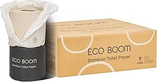ECO BOOM Unbleached Bamboo Toilet Paper, 100% Tree-Free & Plastic-Free, 3-Ply Strong, FSC Certified, Unscented, 9 Rolls, 360 Sheets | PFAS Free, BPA Free & Septic Safe