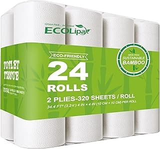ECOLipak Bamboo Toilet Paper, Septic Safe Toilet Tissue, 24 Double Rolls, 320 Sheets Per Roll, Tree Free, Non Toxic, 2 Ply, Soft and Absorbent, Eco Friendly Dye-Free Paper