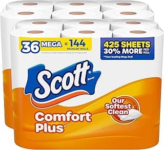 Scott ComfortPlus Toilet Paper, 36 Mega Rolls (2 Packs of 18), 425 Sheets per Roll, Septic-Safe, 1-Ply Toilet Tissue