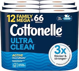 Cottonelle Ultra Clean Toilet Paper with Active CleaningRipples Texture, Strong Bath Tissue, 12 Family Mega Rolls = 66 Regular Rolls