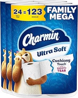 Charmin Ultra Soft Cushiony Touch Toilet Paper, 24 Family Mega = 123 Regular Rolls, White