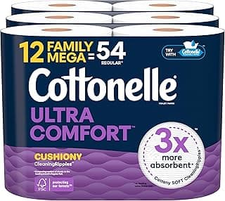 Cottonelle Ultra Comfort Toilet Paper with Cushiony CleaningRipples Texture, 12 Family Mega Rolls = 54 Regular Rolls