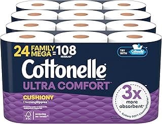 Cottonelle Ultra Comfort Toilet Paper with Cushiony CleaningRipples Texture, Strong Bath Tissue, 24 Family Mega Rolls = 108 Regular Rolls (4 Packs of 6)